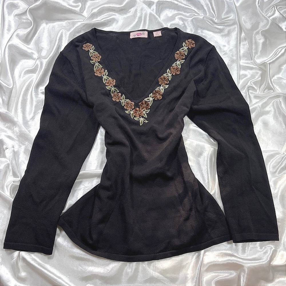 y2k Vintage Sweater Black Excellent Velvet Floral Beaded V-Neck Knit Top